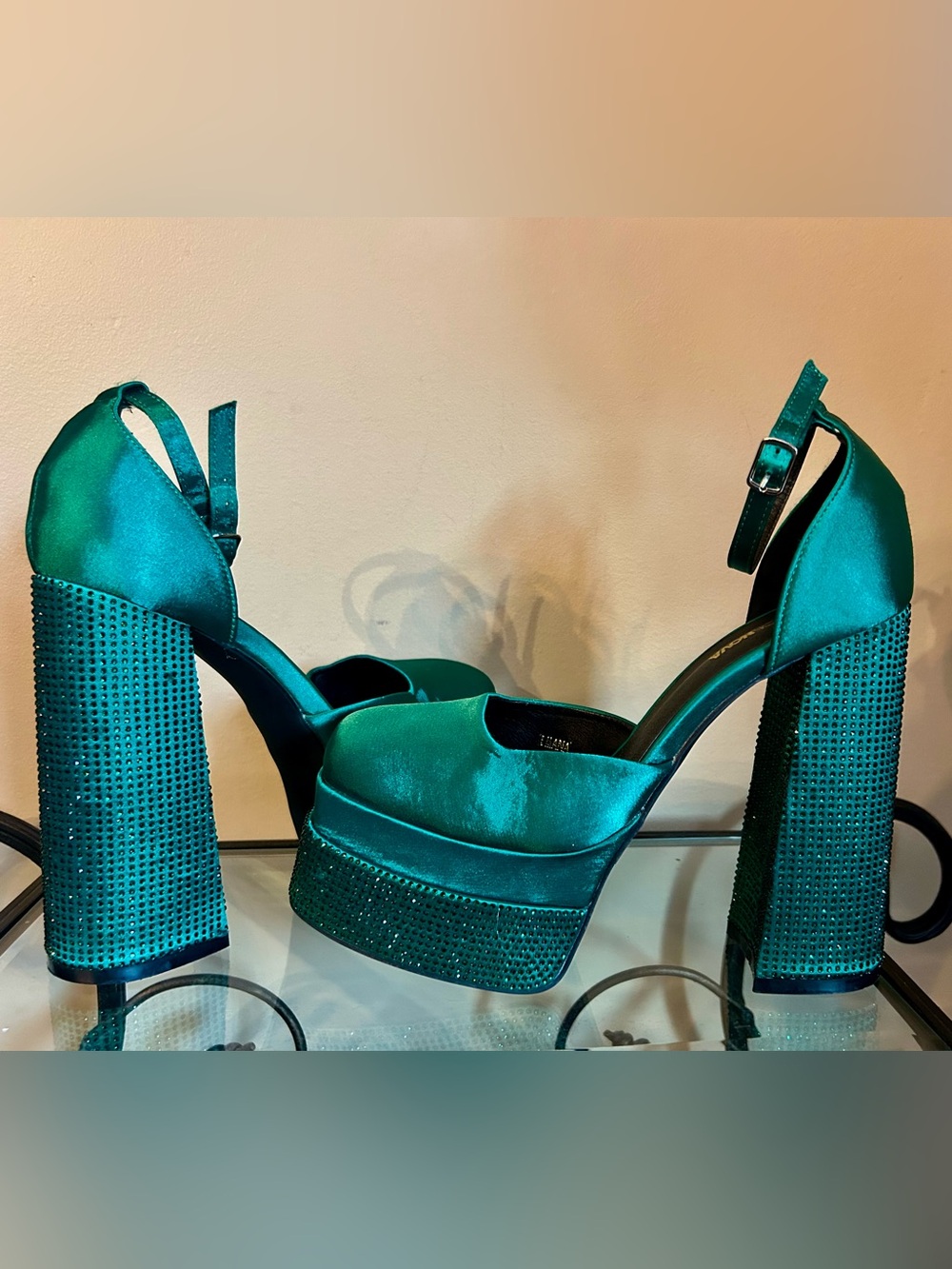 Fashion Nova Satin Platform Heels with Rhinestone Block Heel